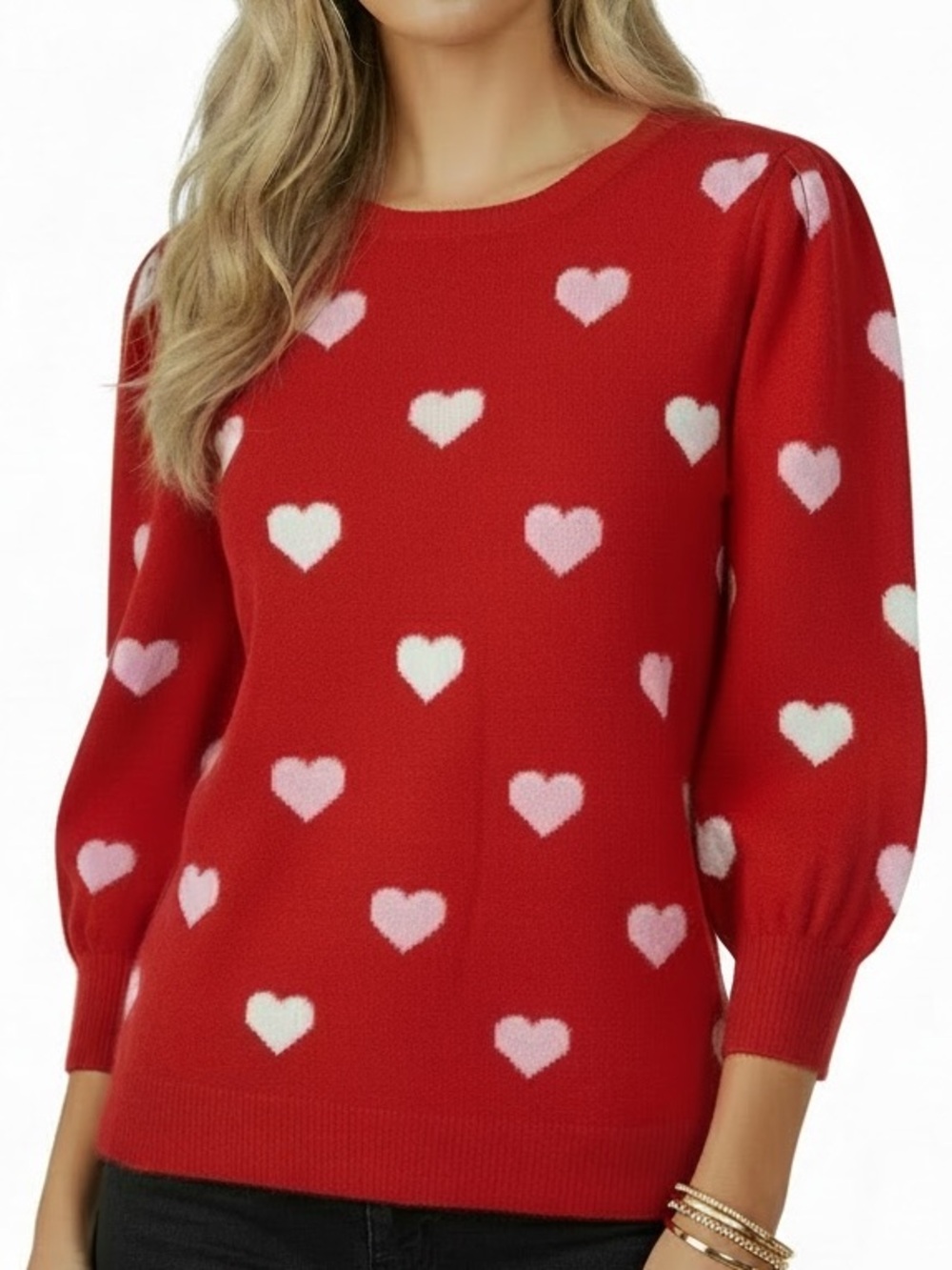 NWT ADRIANNA PAPELL Red Heart Print 3/4 Sleeve Sweater Size Medium